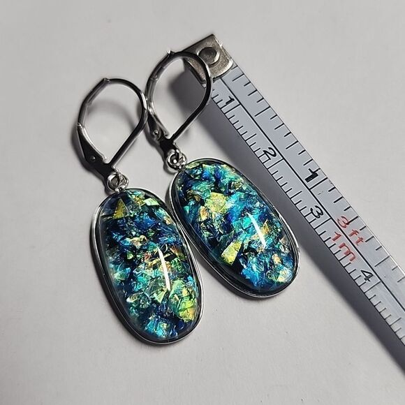 Elegant Blue and Green Oval Stainless Steel Earrings - Picture 2 of 3